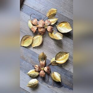Vintage Metal Floral Wall Sconces - Gold & Copper Leaf Motif (Pair)